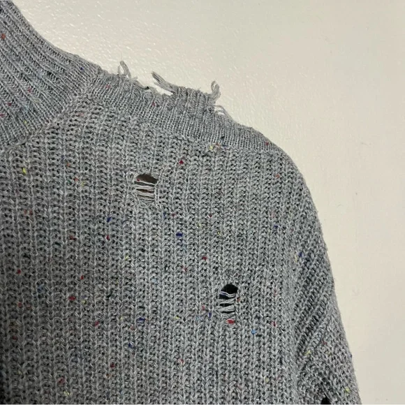 Zenana Gray Distressed Turtleneck Sweater XS Funfetti Speckled Cutout Cable Knit - Picture 5 of 9